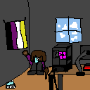 A brown clothed anthropromorphic dog sitting in the corner of a room. with a nonbinary flag, a window and a desktop computer setup.