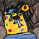 A blue big-grinned fish girl in an ocean-connected cave, lying upon a treasure hoard. There is a lantern above her, and she is wearing a skirt and lifejacket.