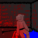 A diver sits on a hole leading to the border of the apartment, tethered with a stake to the floor of the room. The left side of the room is open to the room adjacent.