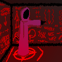 A purple cloaked figure stands on the left side of a room, atop a sigil. The walls are covered in symbols and diagrams, and the right side is open to the room adjacent.