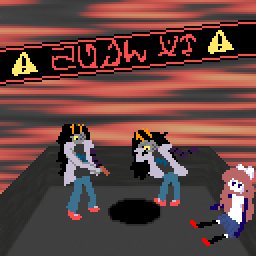 Two copies of vriska from homestuck look over a hole, both have a missing eye and a purple non-organic arm. There is a banner above them reading 'to make' in alternian. A character with large brown hair, a white ribbon and a short skirt sits nearby.