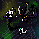 A robotic dog with a spring for its midsection and a draconic humanoid wearing a beret and coat float in space. The draconic humanoid is smoking a joint, and the dog's spring is extended in a wavy pattern.