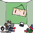 An anthropromorphic dog girl with a vriska-like outfit and an eyepatch sits on a futon. In the green-walled room there is also a vriska plushie with a non-transparent background, a framed picture of a stretched cartoon face, a clothes pile and a laptop.