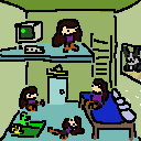 A room with green walls and two blue floors, connected by ladder. There are four small identical people with long brown hair and purple sweaters. There is a recess in the wall with a bunny and a bed with four pillows laid across the long side.