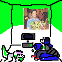 A room that has june from godfeels with a robotic tail sitting on a blue bed and an anthropromorphic dog with a bright green lizard tail lying on the floor near her.
