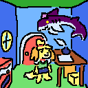 A blue room with a green floor and a rounded window and door. In the room there is isabelle from animal crossing, along with a purple shark, a desk with writing materials on it and a soda machine.
