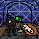 A silouette-like girl with one visible eye, a halo and a coat stands in a reinforced glass and rusty metal room deep underwater. In the room, there is a peaceful and safe cat named barley, sleeping on a reddish cushion.