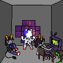 A grey room with 3 people standing around it. There is a vriska with a thin fur-tipped tail staring vacantly at a phone, a dog-featured girl staring out from a window, and a tank-top wearing vriska looking at money spongebob on an oozing computer.