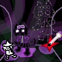 A room with a starry background, containing a red electric guitar and a siffrin plushie. There is an anthropromorphic black cat with big beady eyes, wearing a knee-length skirt, hoodie and with a forehead visor.