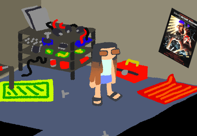 An animated image of a girl standing in a room filled with various electronics.