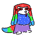 A short, fat, tailed person that is opening and closing its mouth to represent talking.