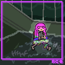 in the picture, harmony from splatoon is walking through a knee-depth area of water in a darkened hallway, and she is visibly glowing. there are sharp objects and strange sea creatures in the water.